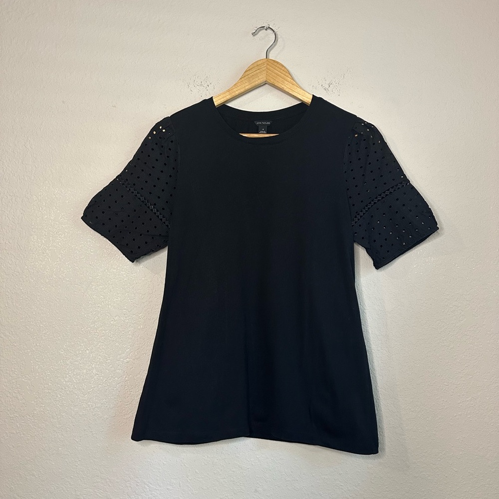 Ann Taylor Black Eyelet Sleeve Top Size Medium